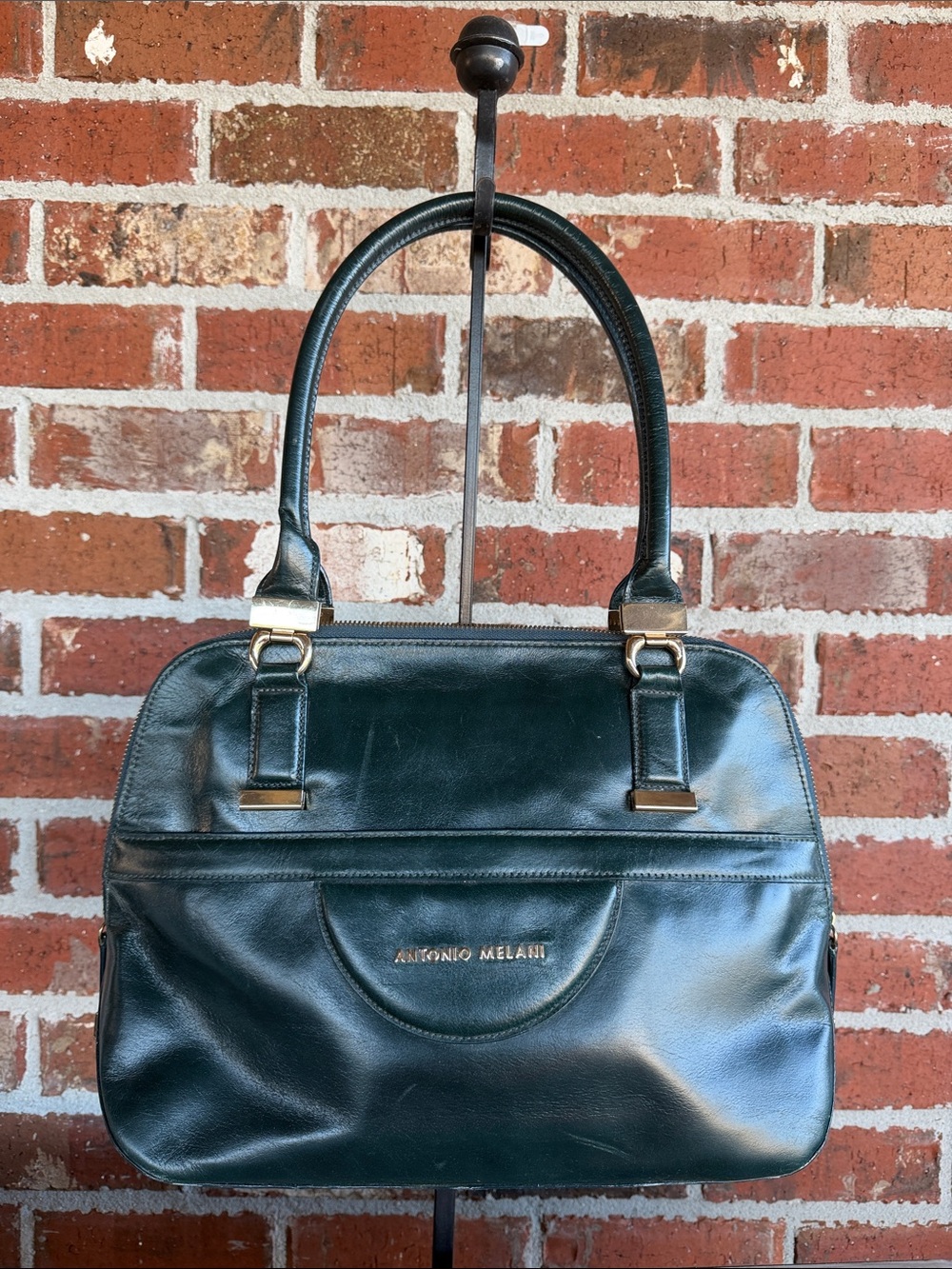 ANTONIO MELANI Dark Green Leather Shoulder Bag with Gold Accents